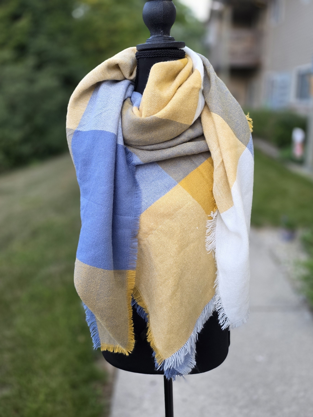 Oversized Mustard Yellow Blue Plaid Blanket Scarf Shawl Wrap